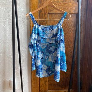 NYDJ Cold Shoulder Floral Tropical Blue Blouse with 3/4 in. Sleeves